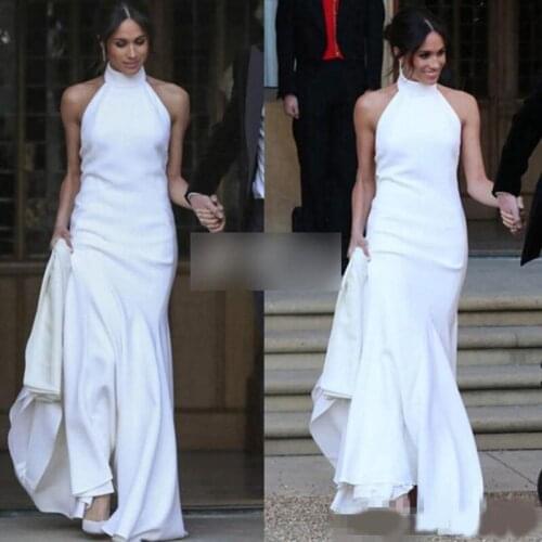 White Mermaid Wedding Dresses 2020 Prince Harry Meghan Markle Wedding party Gowns Halter Soft Satin Wedding Recept Dress