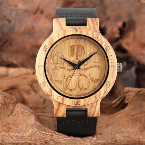 Engraving Octopus Round Dial Men Quartz Wristwatch Black Analog Display Male Genuine Leather Wooden Timepiece Casual Man Clock