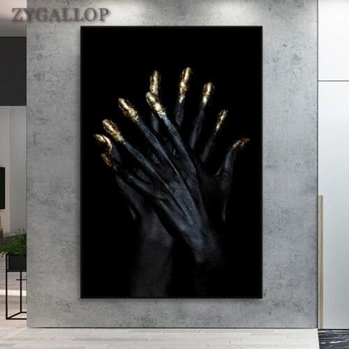 Black Woman Hands Canvas Painting Golden Nail Fashion Poster Prints Scandinavian Wall Art Decorative Pictures for Home Design