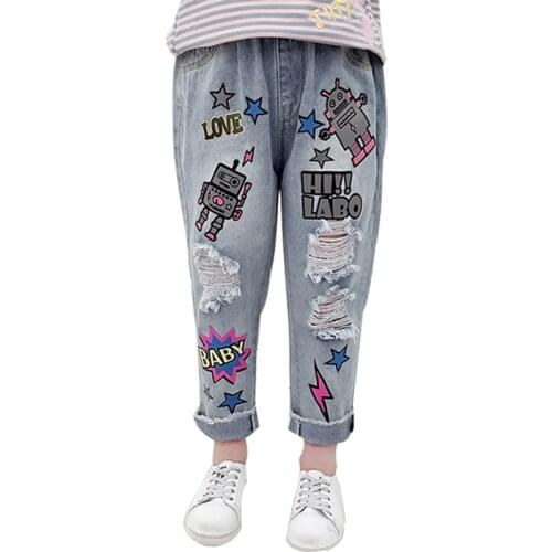 Jeans for girls Kids Spring Autumn Graffiti Hole Children Wear Girls New 4-12 Year Old Girls Jeans Casual Pants Jeans for girls