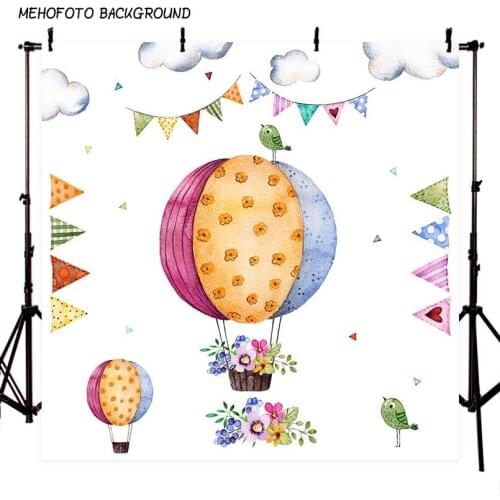 Happy Birthday Background Banner Colorful Hotair Balloons with Birthday Flags for Kids Party Backdrop Custom Kids Photo Studios
