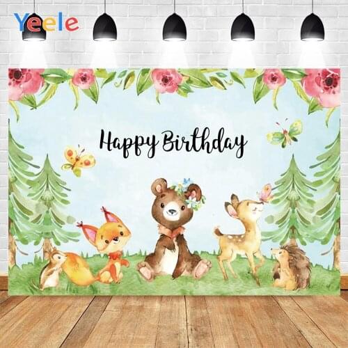 Happy Birthday Photo Background Photophone Animals Bear Fox Deer Photography Backdrops Studio Shoots for Decor Customized Size