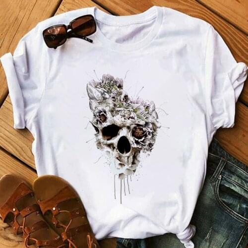 Skull Fashion T Shirt Women Harajuku Bandana Print White T-Shirt Female Hip Hop Punk Vintage Funny Tees Tshirt Clothes