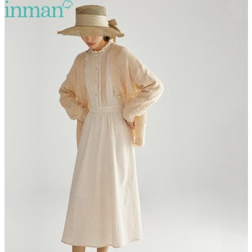 INMAN Spring Autumn Womens Dress Elegant French Lace Small Stand Collar Organ Pleated Long Sleeve Feminine A-Line One-Piece