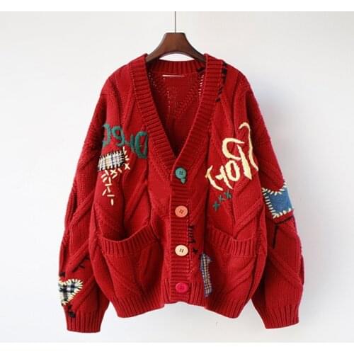 2020 Autumn Winter Women Cardigan Warm Knitted Sweater Jacket Pocket Embroidery Fashion Knit Coat Lady Loose Cute Streetwear