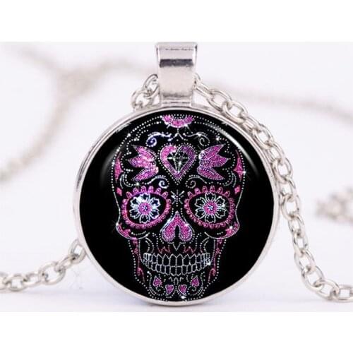 Classic Mexican Sugar Skull Necklace Glass Crystal Skeleton Pendant Silver Color Chain Long Necklaces For Men Aesthetics Jewelry