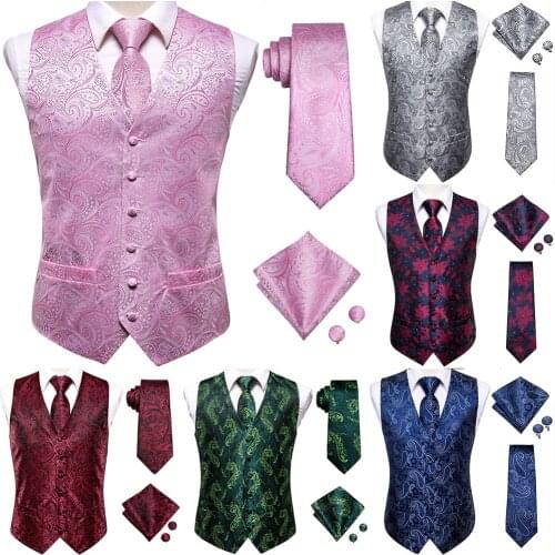 Hi-Tie Pink Green Paisley Silk Dress Vest Set For Men Dark Blue Jacquard Mens Suit Vest Male Waistcoat For Wedding Formal Jacket
