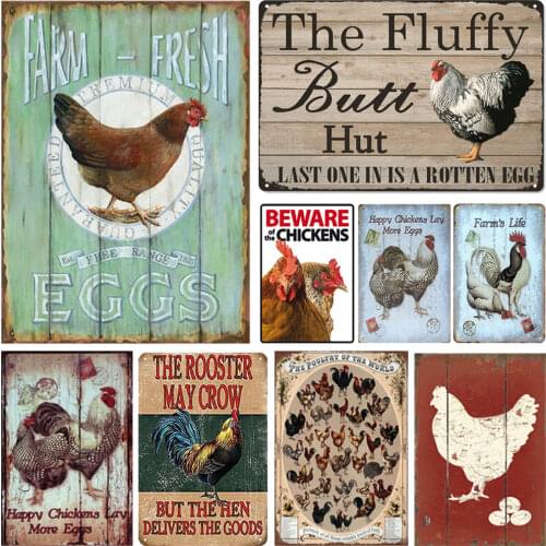 Shabby Chic Metal Posters Decorative Chicken Vintage Metal Tin Signs Antique Cock Farm Shop Retro Art Wall Poster Plates