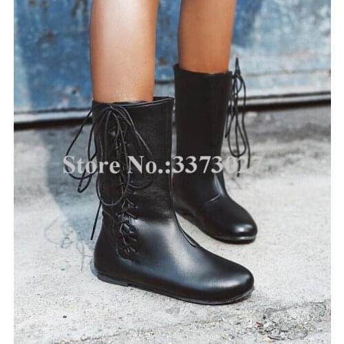 Fashion Design Lace-up Flat Mid-calf Boots Women Round Toe Brown Black Leather Casual Short Boots Ladies Winter Shoes Dropship