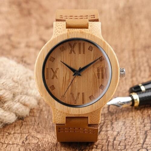 Creative Wood Watches Mens 100% Nature Bamboo Watches Carving Numbers Genuine Leather Wristwatch Male Sports Casual Clock Gift