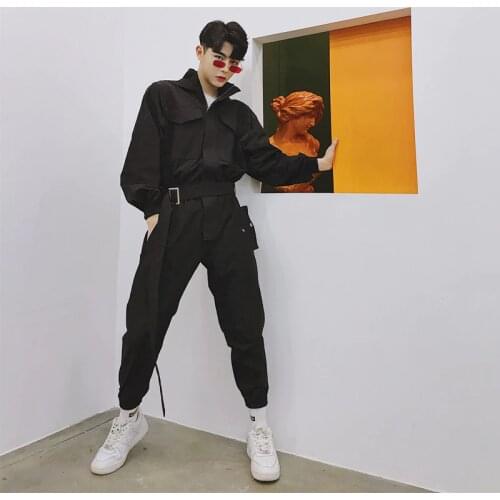 Men autumn black vintage punk rock hip hop overalls Korean style hooded jacket jumpsuit nightclub DJ singer cargo pants joggers