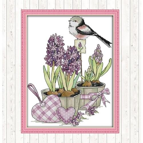 A Bird on A Flowerpot Cotton Thread Embroidery Needlework Sets Cross Stitch Kits Home Decor Patterns Kits DIY Needlework Crafts