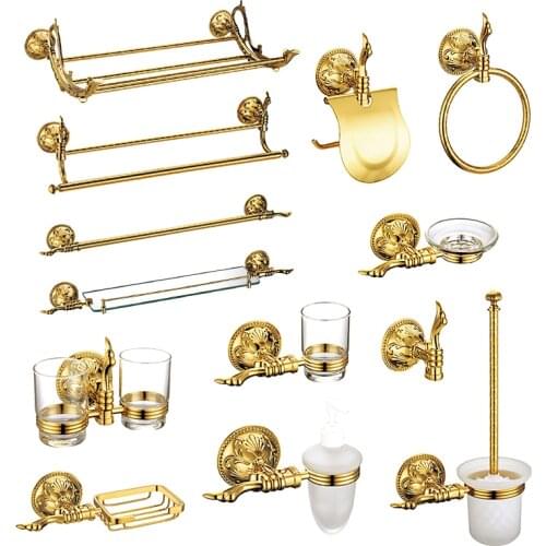 Luxury Gold Bathroom Accessories Set Antique Bathroom Shelves Towel Bar Toilet Paper Holder Cup Soap Holders Toilet Brush Holder