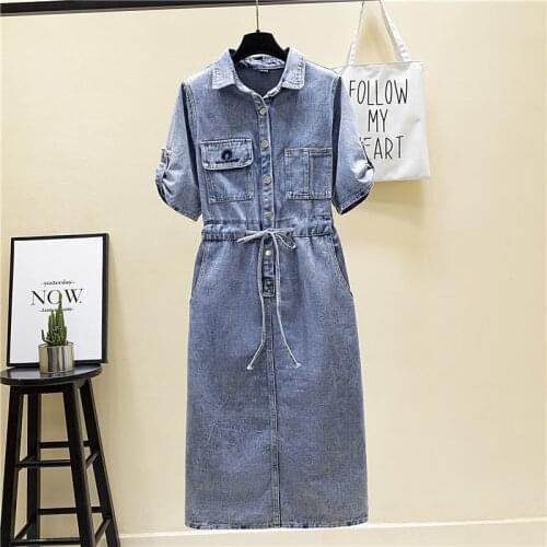 Intage Short sleeve Jeans Dress Womens 2021 Spring Summer Waist Over the knee Denim Dress Female Buttons Casual Shirt Dress