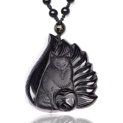 Drop Shipping Fashion Natural Black Obsidian Carved Handwork Fox Lucky Blessing Pendant Amulet Necklace Fine Crystal Jewelry