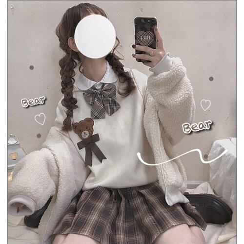 Furry Bear Cute Womens Knitted Sweater Hooded Collar Pullovers Long Sleeve Fall,Winter Sweaters Cute Girls Bow Trim