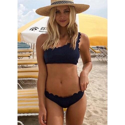 Navy One Shoulder Low-waist Bikinis Set Swimwear Women Swimsuits Bathing Suit 2021 Sexy Scalloped Bikini Beachwear