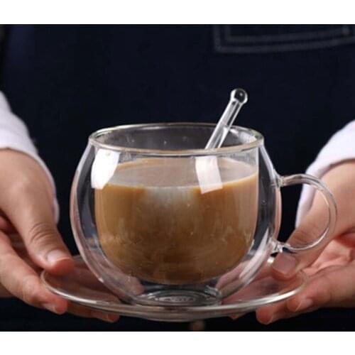 250mL European Style Heat-resisting Double Wall Glass Coffee Cup with Saucer Spoon Creative Milk Juice Glass Mug Gift for Friend