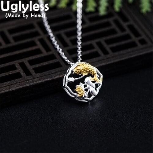 Uglyless Jumping Carp Fish Necklaces for Women China Chic Ethnic Square Hollow Silver Pendants 925 Silver Fishes Animals+ Chains