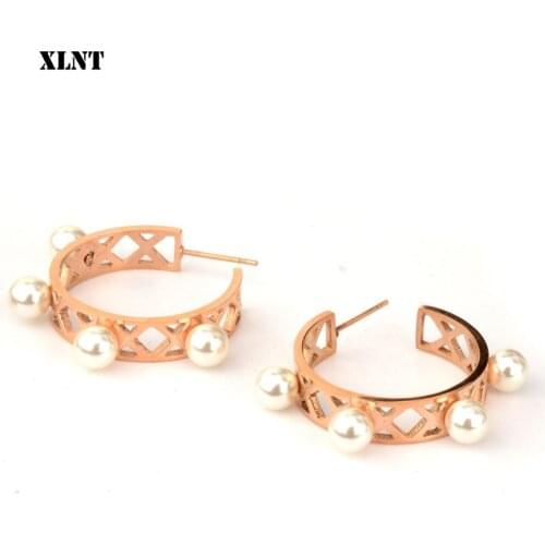 XLNT Fashion Punk Women Girl Wedding Jewelry Rose Gold Big Flower Loop Hoop Earring Imitation Pearl Beads Wedding Hoop Earrings