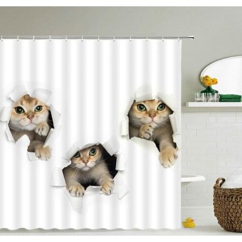 Cat and Dog Cute Animal Print Pattern Printing Shower Curtain Bathroom Curtains Waterproof Polyester Fabric Shower Screen
