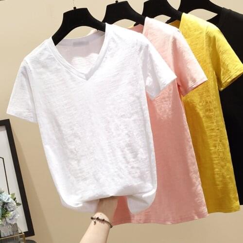 Gkfnmt Summer Tees Tops V-Neck Short Sleeve Korean Style Tshirt Woman T Shirt Women Cotton 2021 New Fashion Tee Shirt Femme Pink