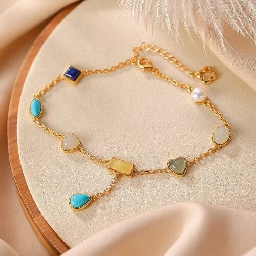 100% 925 Sterling Silver Gold-plated Multi Gemstones Bracelet For Women Jade Jasper Turquoise Amber Lapis Bracelets Fine Jewelry