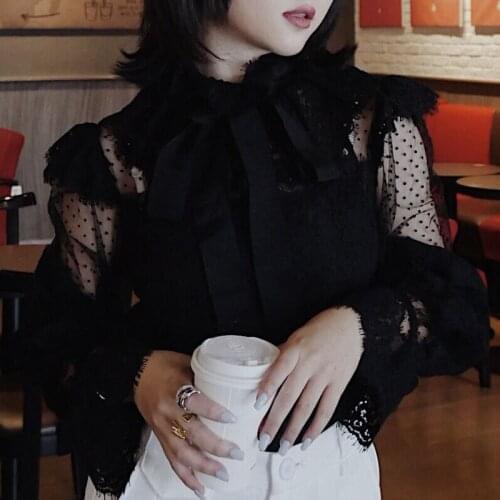 Vintage Shirt Halter Two Piece Set Women Lace Jacquard Polka Dot Net Yarn Long Sleeve Tops Spring New Casual Streetwear