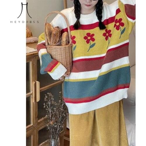 Heydress New Women Autumn O-neck Floral Print Long Sleeve Sweater Lady Casual Loose Striped Harajuku Knitted Oversized Pullovers