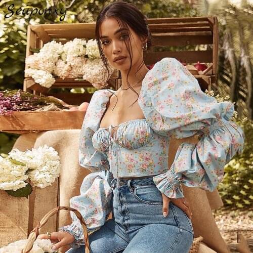 High Quality 2021 Summer Fashion Womens Floral Print Bodycon Short Top Sexy Square Neck Puff Sleeve Backless Club Party Top