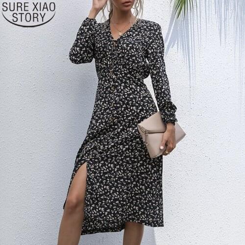 2021 New Autumn Elegant Long Sleeve Floral Print Dresses for Women Lace-up V-neck Black High Waist Cotton Midi Long Dress 16939