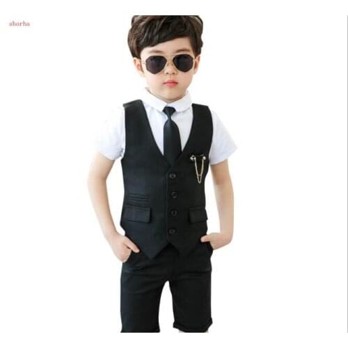Classic new fashion High quality Summer autumn boys blazer Childrens short sleeve suit flowers lapel into casual suit 3pcs