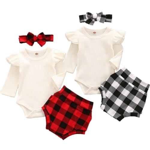 2020 New Fall Autumn Infant Baby Girls 3Pcs Set Casual White Ruffled Long Sleeve Bodysuit+Red/Black Plaid Shorts+Headband