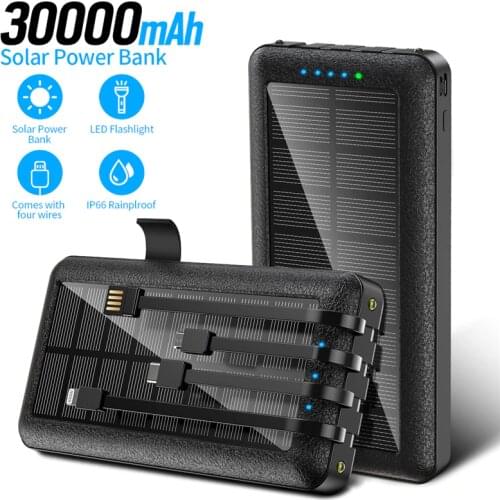 30000mAh Solar Powerbank Built in 4 Cable USB Type C Power Bank External Battery Pack for iPhone 12 Samsung S20 Xiaomi Poverbank