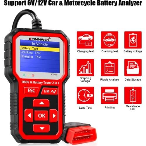 KONNWEI KW681 6V 12V Car Motorcycle Battery Tester Auto Diagnostic Tool 2 in1 2000 CCA Car OBD2 Scanner Full OBD 2 Function