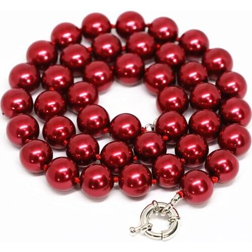 Bohemia Fashion Dark Red Shell Simulated-pearl Chain Necklace Round Beads 8,10,12,14mm Women Elegant Jewelry 18inch B1481