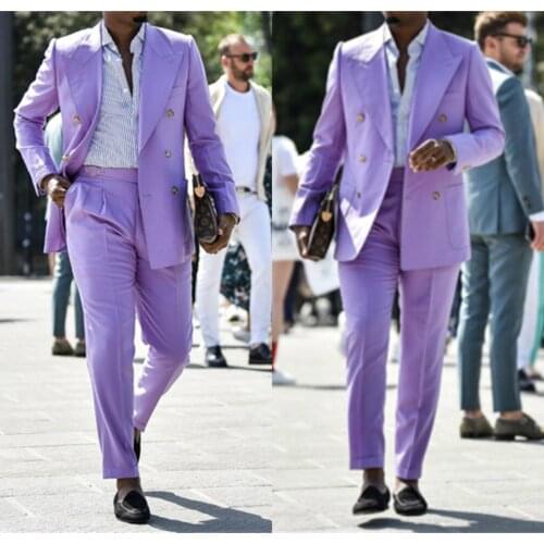 Double Breasted Purple Wedding Tuxedos Fashion Slim Fit Mens Suits Groom Wear For Wedding Party Formal Prom Blazer (Jacket+Pants
