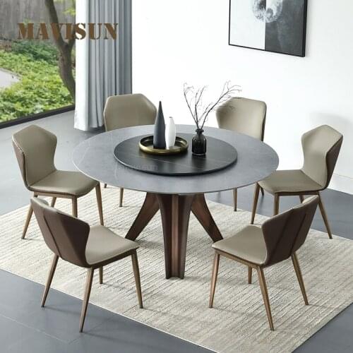 Italian Master Design Rock Slab Dining Table Large Household Round Dining Table With Turntable Metal Base Marble Dining Table