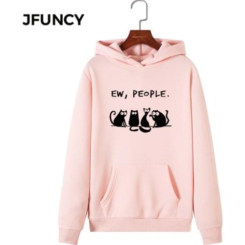 JFUNCY 2020 Autumn Women Hoodies Oversized Long Sleeve Hooded Female Pullover Fashion Funny Cat Print Woman Casual Sweatshirt
