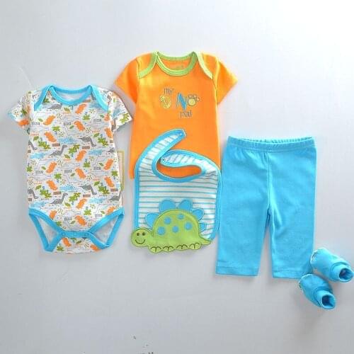 2020 Payifang Baby Boys Clothes Short Sleeve Suits 5-pieces Set Dinosaur Bodysuit+shirt+pant+sock+bib 4pcs sets Bebe Jumpsuits