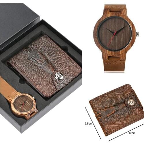 Minimalist Brown Wood Watch Quartz Movement Mens Watches Luxury Wallet Clock Set High Quality Present Gifts Purse New 2019