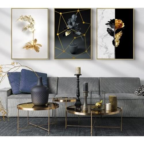 Minimalist Abstract Gold Leaf Flower Sofa Background Wall Living Room Painting Bedroom Dining Room Frameless Painting Core