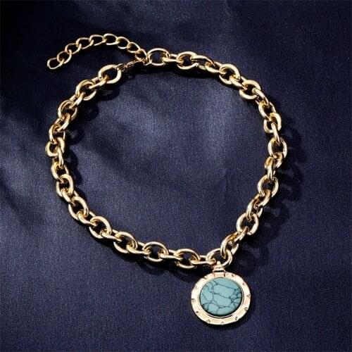 FNIO Vintage Chain Green Stone Pendant Necklace Statement Gold Color Heavy Metal Chain Necklace for Women Jewelry Gifts