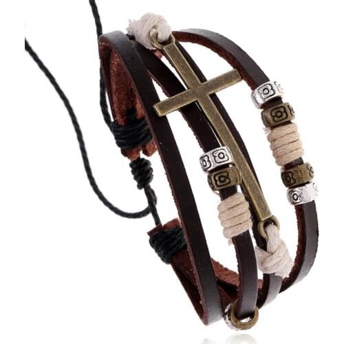 Punk Fashion Cross Beads Charm Bracelet Casual Retro Multilayer Leather Bangle Wrap Wristband Unisex Hiphop Vintage Jewelry Gift