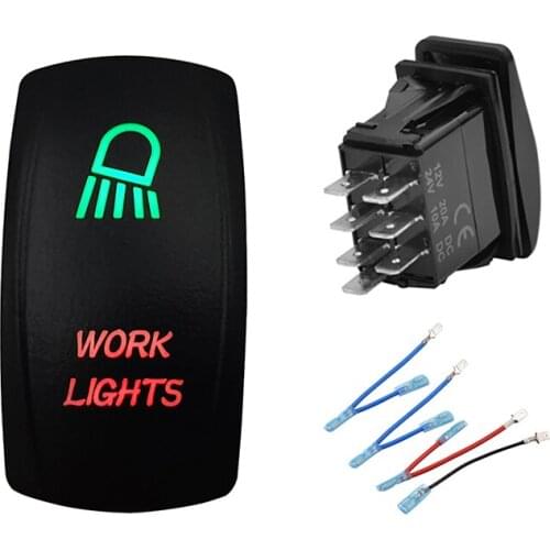 Car Boat RV WORK LIGHTS Rocker Switch Illuminated Green&Red Led Laser Etched SPST ON-OFF,Camping Accessories,Jumper Wire Set