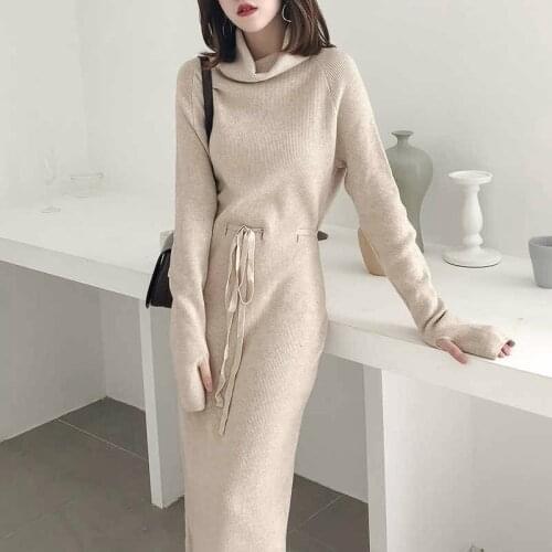 Loose Lazy Vrouwelijke Winter Coltrui Maxi Vrouwen Jurk Elegance Lace-Up Breien Lange Mouwen Koreaanse Vintage Sweater Dress