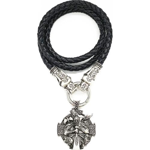 Nostalgia Odin Axe And Raven Talisman Viking Cross Helena Rosova Dragon Heads Leather Chain Necklace Wicca Pagan Jewelry Amulet