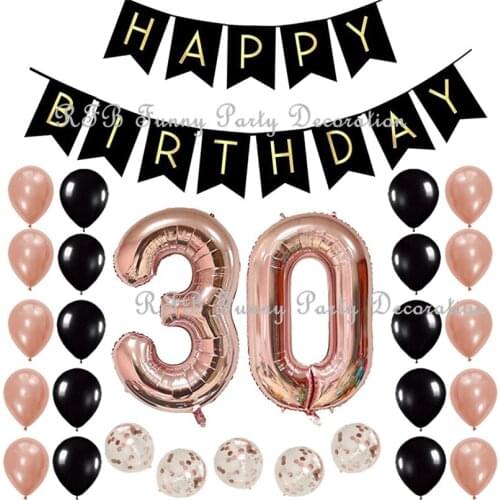 30th 40th 50th 60th Birthday Party Decoration Supplies with Black Happy Birthday Banner 40inch Rose Gold Number Balloons