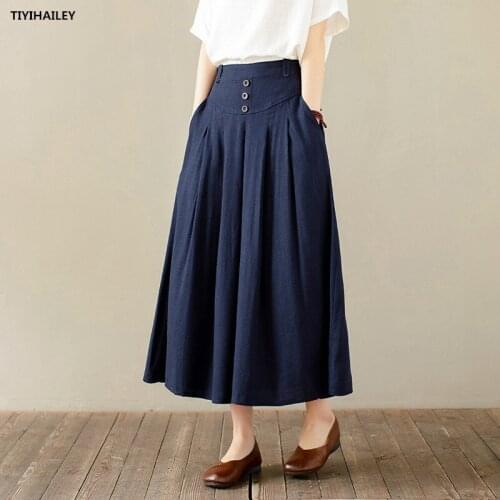 TIYIHAILEY Free Shipping 2021 New Long Maxi Elastic High Waist Women Cotton Linen Skirts Spring Summer Black Brown A-line Button