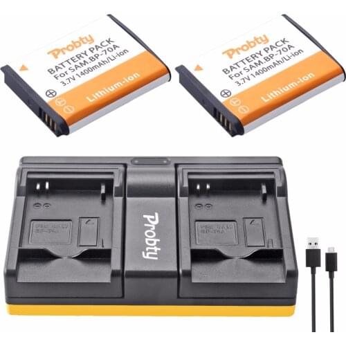 Probty 2pcs BP-70A BP70A li ion batteries + USB Dual charger For Samsung PL80 PL90 PL100 ES70 SL50 SL600 ST30 ST60 ST65 TL105